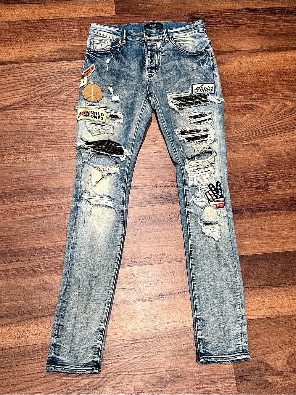 Amiri Wild Ones Appliquéd Distressed Skinny Jeans Blue Waist 30